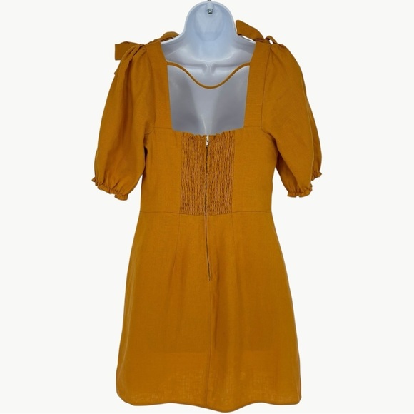 Reformation Spring Bow Linen Corset Mini Dress Size 6 Yellow Puff Sleeve A Line - Picture 4 of 14